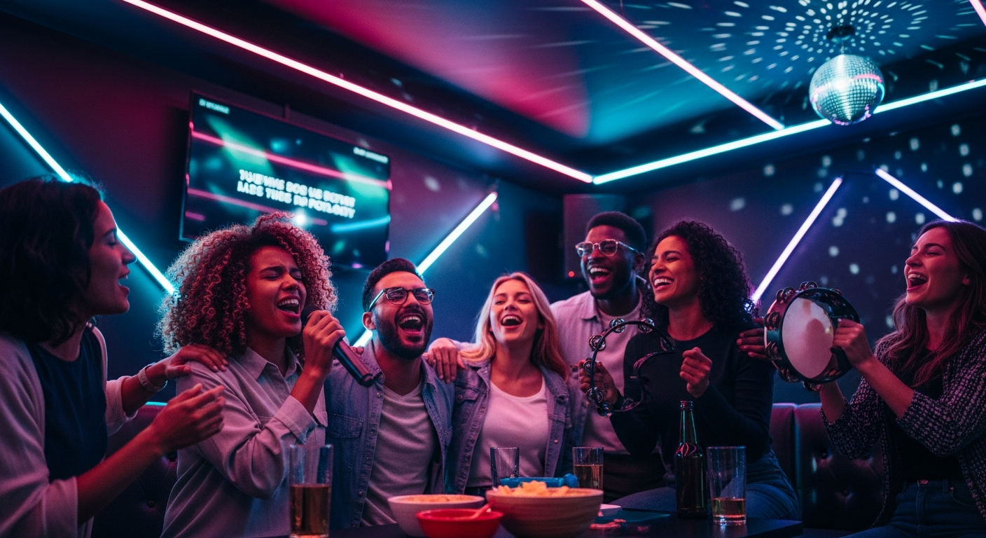 Group of friends singing karaoke passionately
