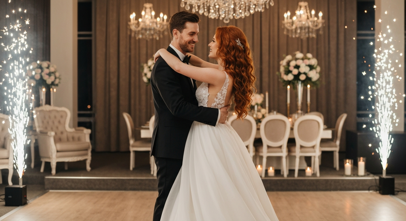 A newlywed couple celebrating on the dance floor