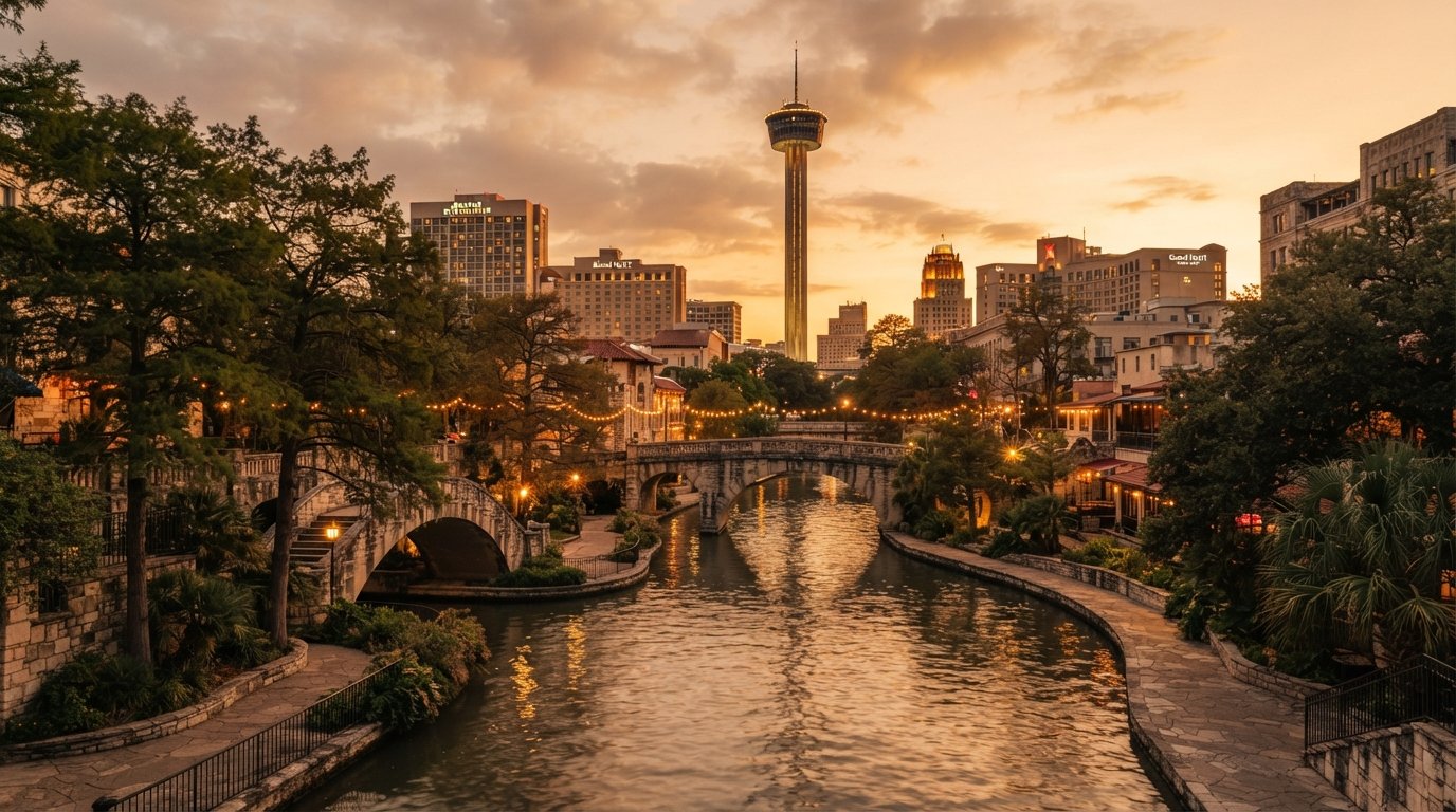 San Antonio, Texas River Walk with stone bridges and downtown skyline at golden hour