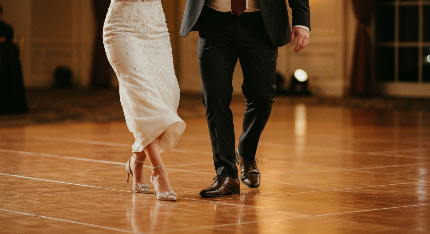 Pareja de recién casados bailando felices siguiendo su cronograma de boda