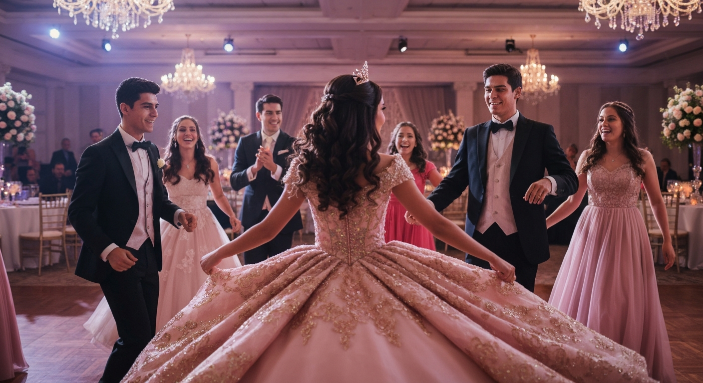 Promotional quinceañera scene with the celebrant and her court of honor