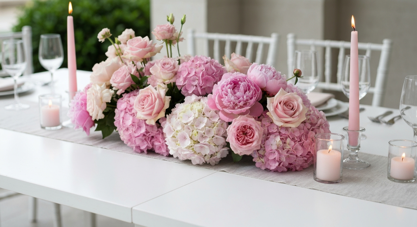 Pink floral centerpiece and candles on an event table