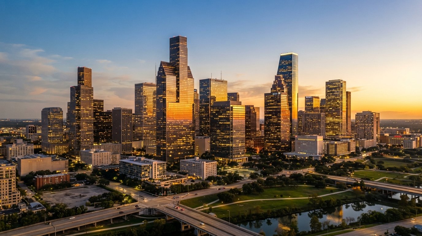 Houston, Texas skyline at golden hour with downtown skyscrapers