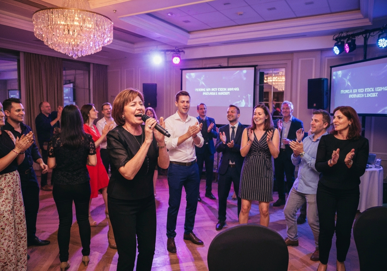 Karaoke DJ service setup with professional microphones and on-screen lyrics