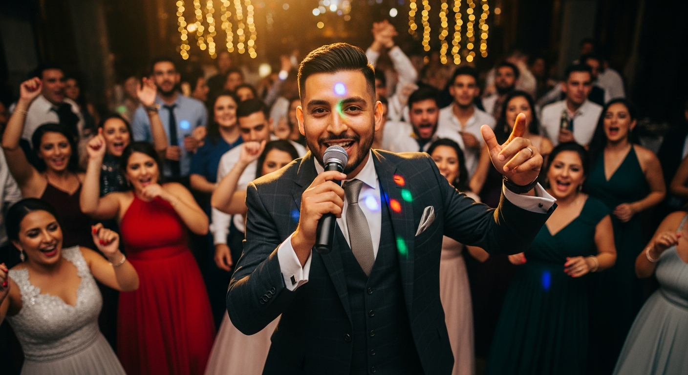 DJ bilingüe interactuando con una multitud diversa en una boda en Texas