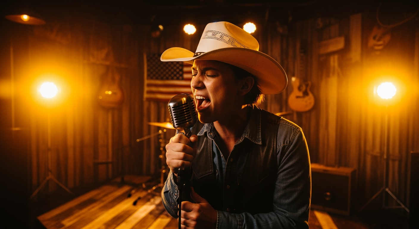 Promotional image of a singer with a microphone under warm stage lights