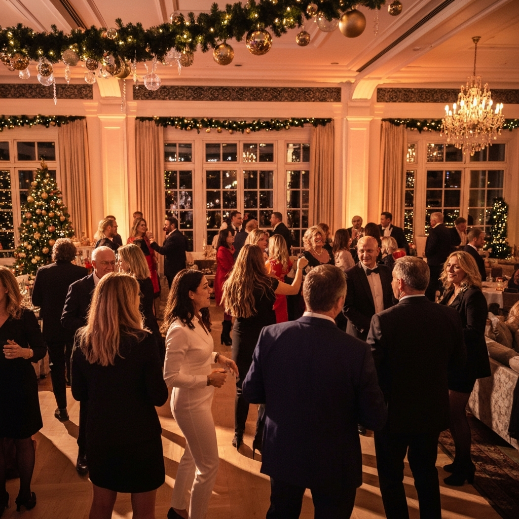 Promotional holiday party scene with guests in a decorated event venue