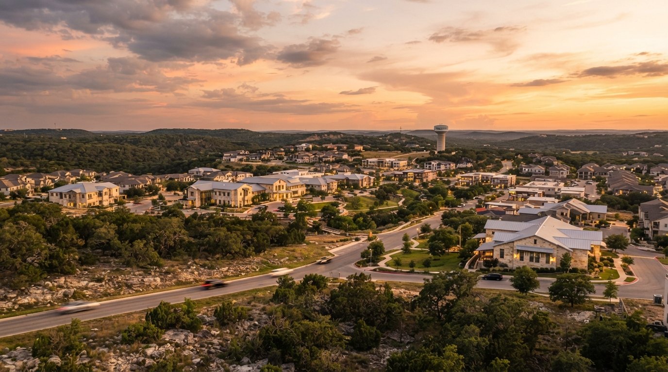 Helotes, Texas suburban Hill Country community at golden hour
