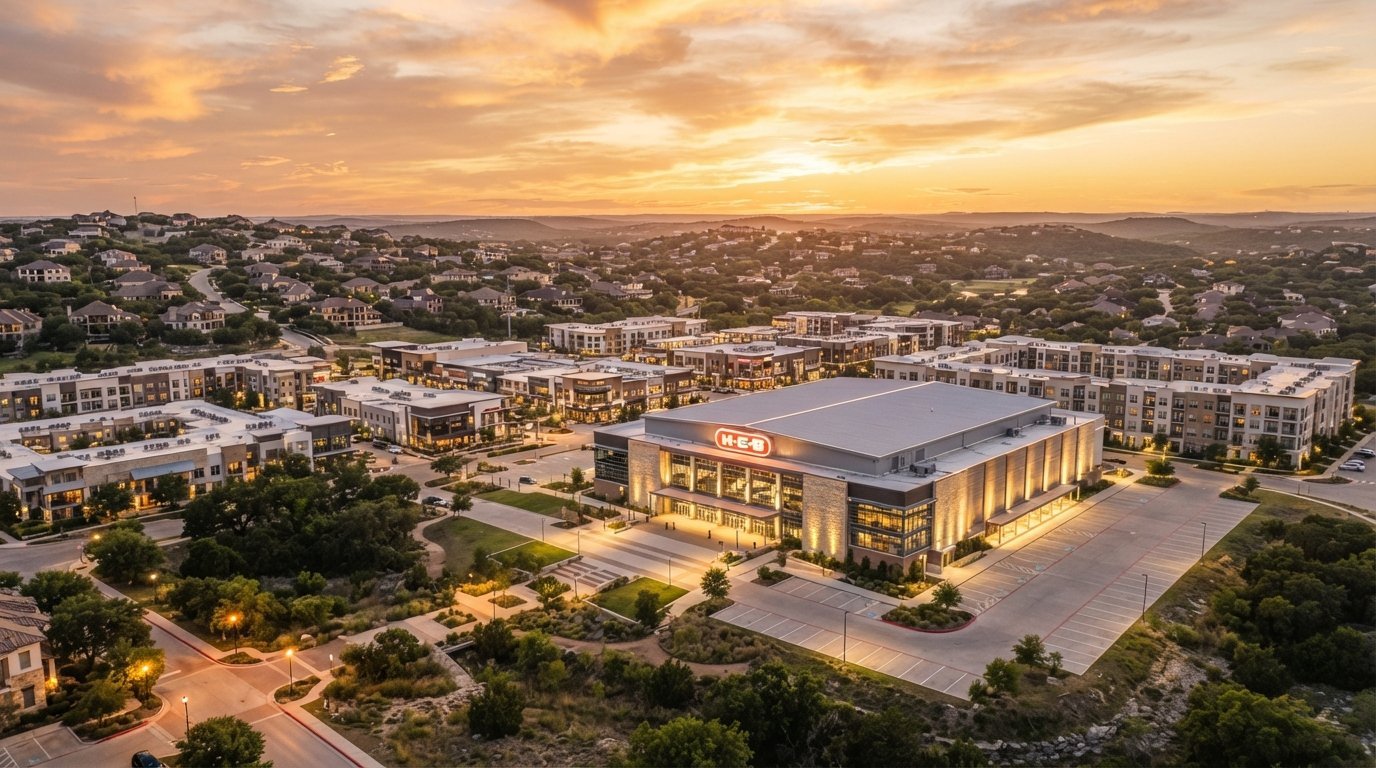 Cedar Park, Texas H-E-B Center arena district at golden hour