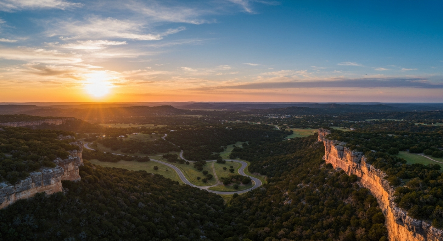 Dripping Springs, Texas Hill Country vineyards and ranches at golden hour