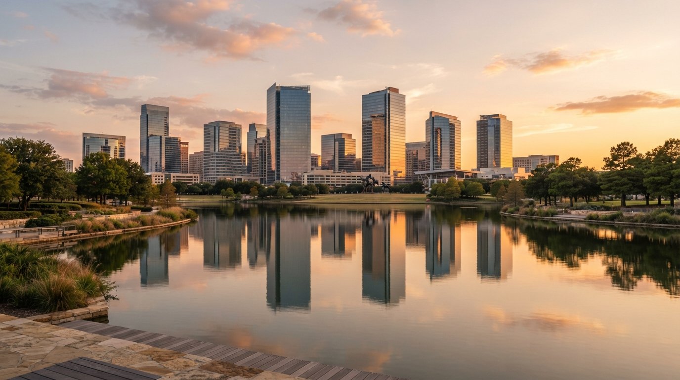 Irving, Texas Las Colinas urban district with lake reflections at golden hour