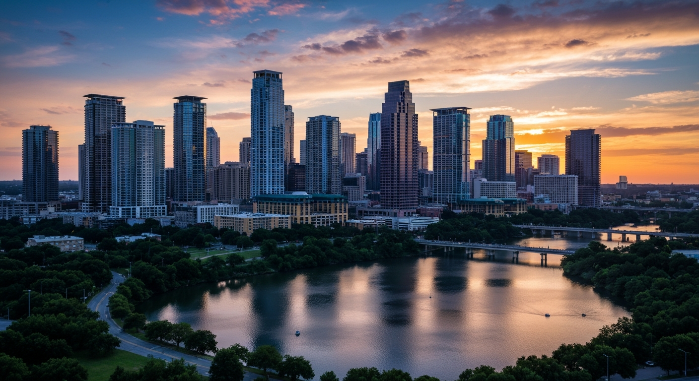 Austin, Texas skyline and downtown at golden hour