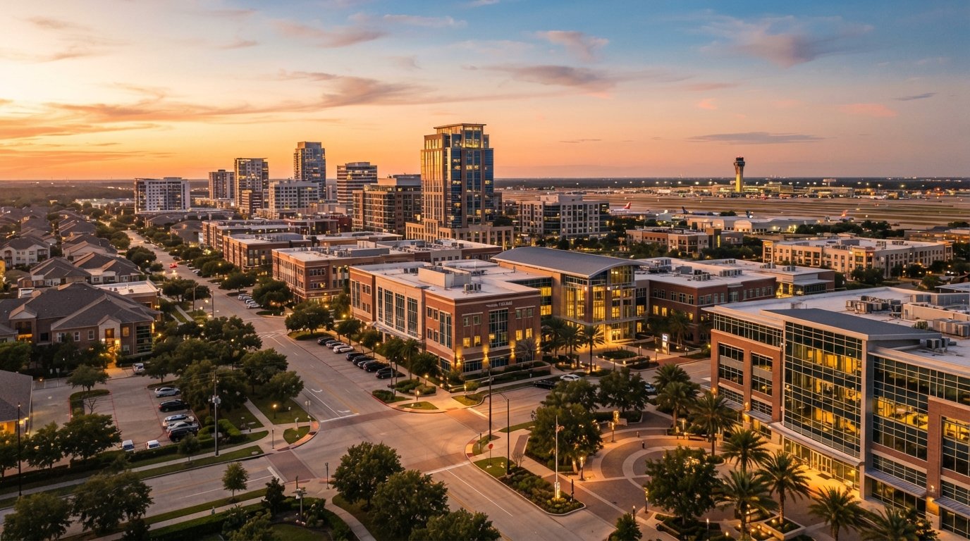 Humble, Texas suburban downtown district near the airport at golden hour