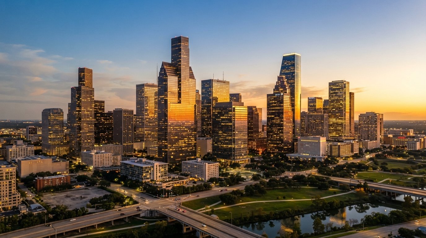 Houston, Texas skyline at golden hour with downtown skyscrapers