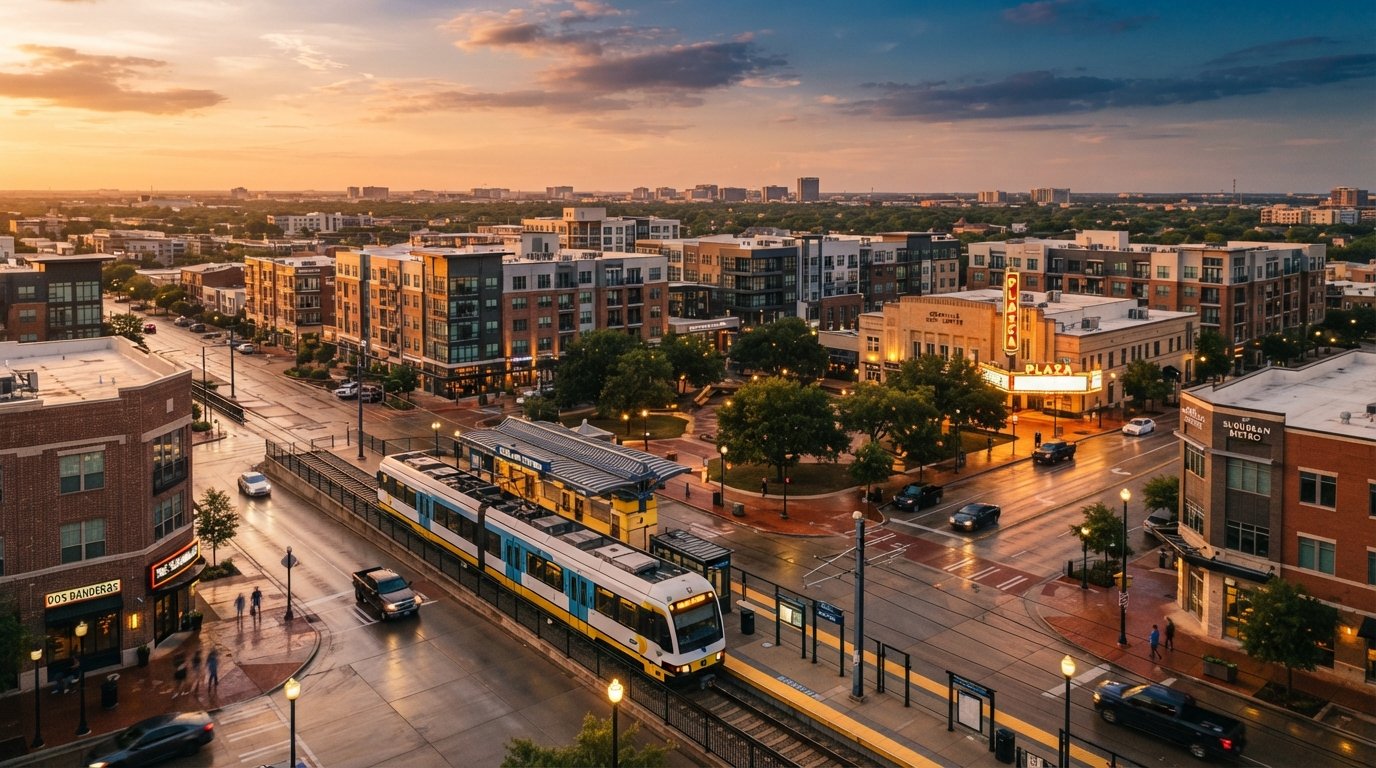 Garland, Texas downtown district with DART station at golden hour