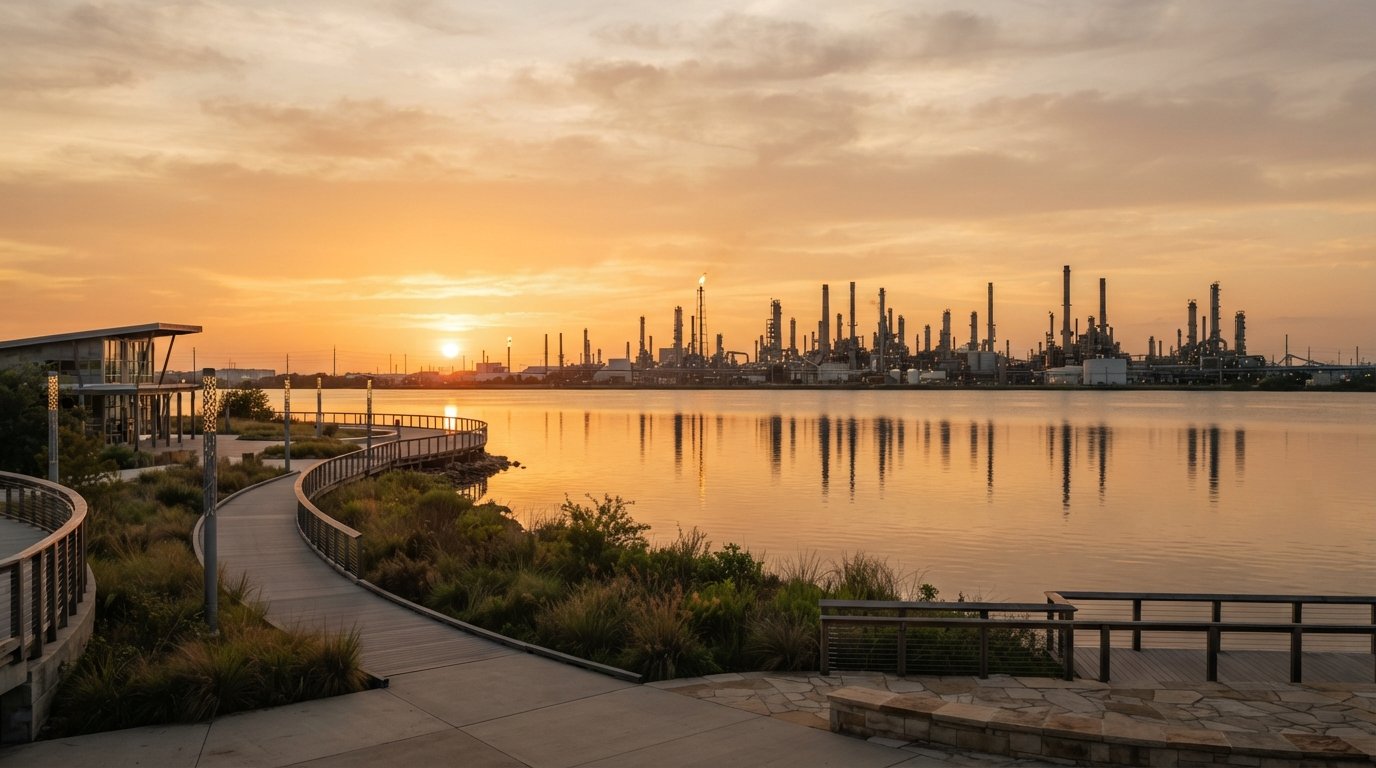 Baytown, Texas waterfront along Galveston Bay at golden hour