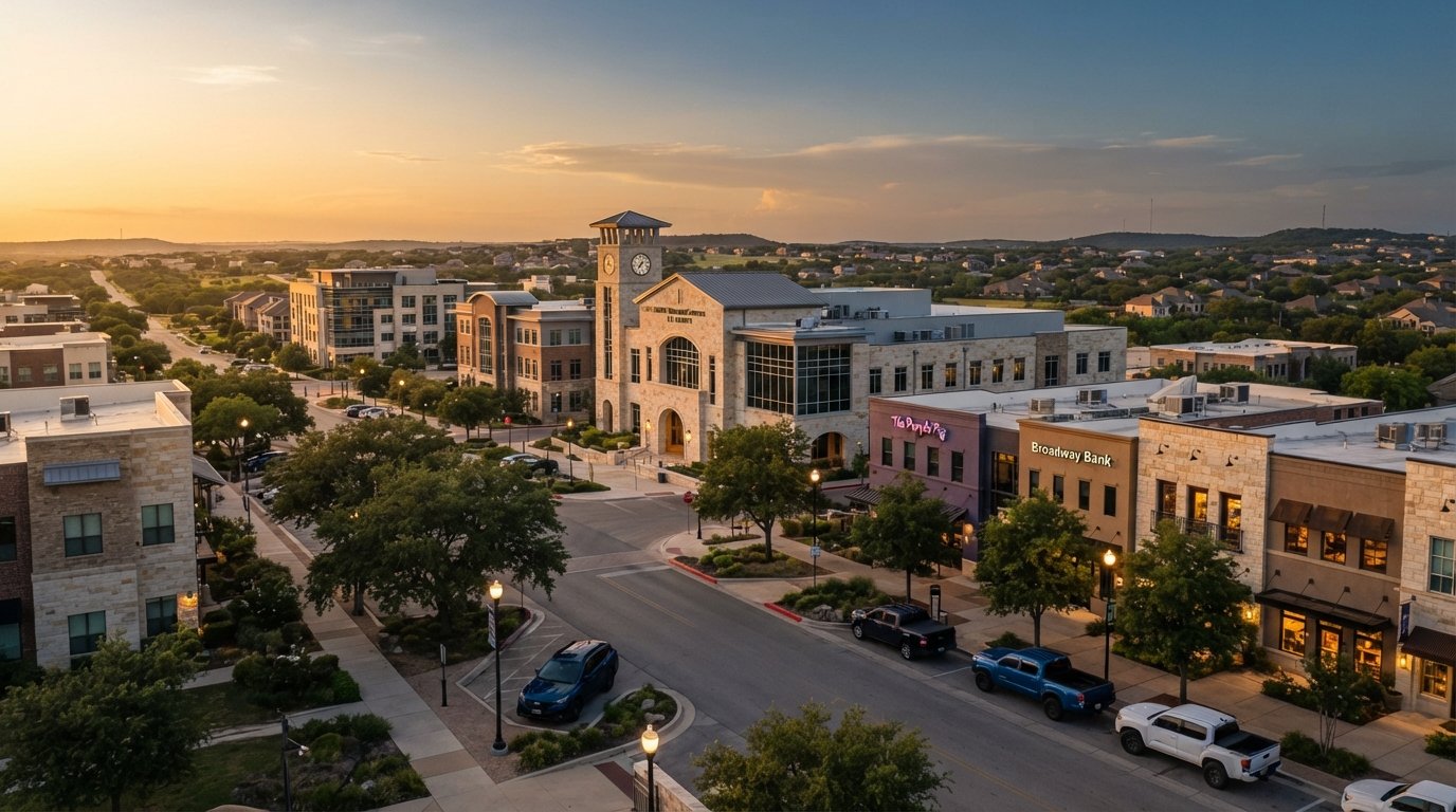 Schertz, Texas suburban community downtown district at golden hour