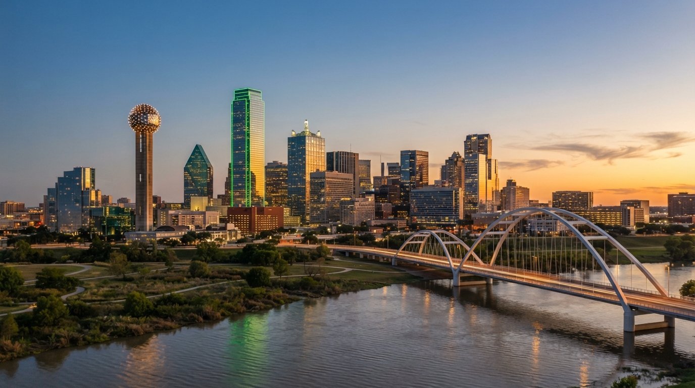 Dallas, Texas skyline at golden hour with Reunion Tower and downtown skyscrapers