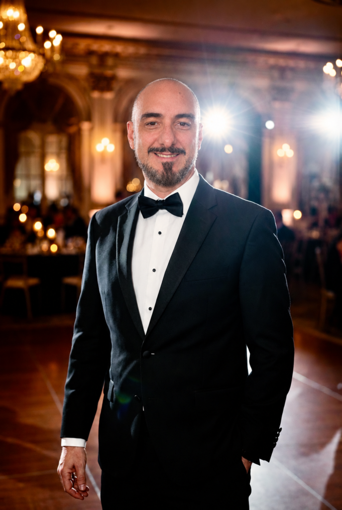 Promotional portrait of Andrés in formal DJ attire, digitally composed using his portrait