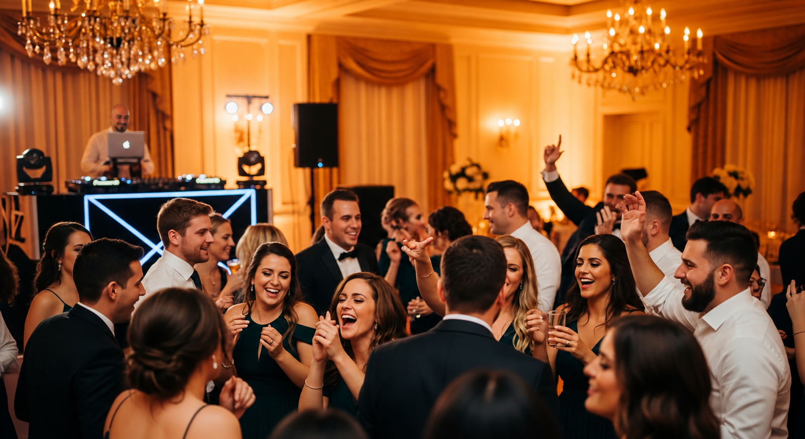 Promotional reception scene with Andrés at the DJ booth, digitally edited