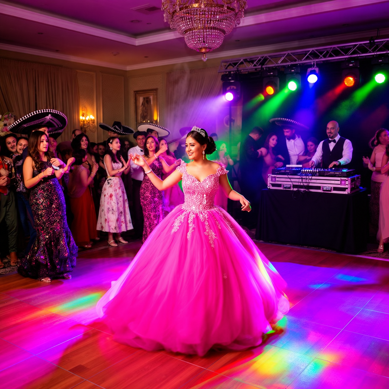 Promotional quinceañera scene with Andrés as DJ, digitally edited