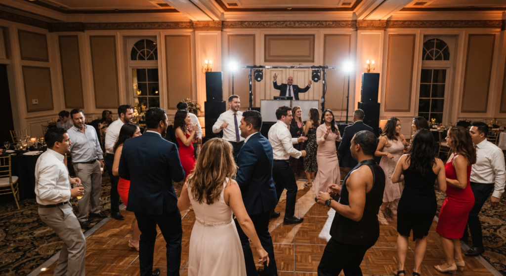 Promotional wedding reception scene with Andrés at the DJ booth, digitally edited